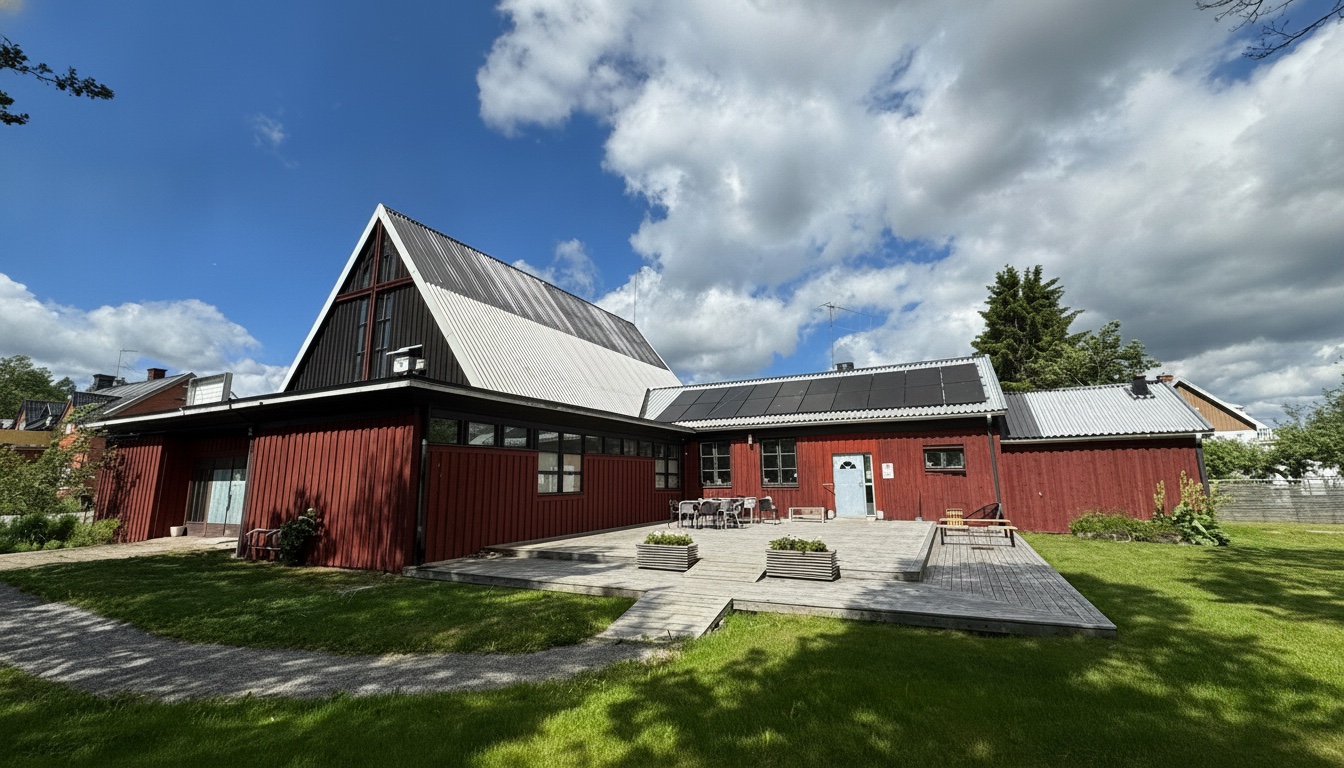 Annexet en sommardag — röda träbyggnaden med altan och trädgård